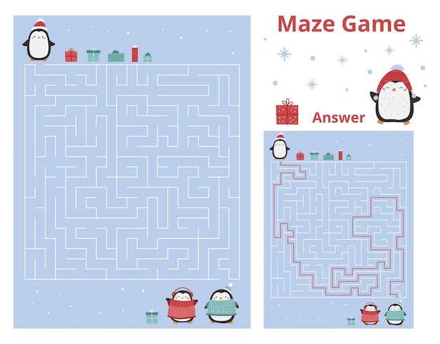 Christmas maze game with funny penguins and gifts