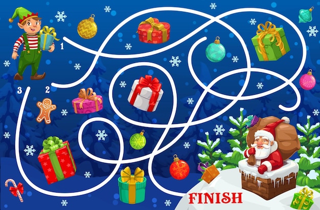 Christmas maze game with Santa and gifts cartoon labyrinth, vector puzzle of kids education. Start to finish game, puzzle or riddle, help Xmas elf with gift box find way to Santa Claus in chimney