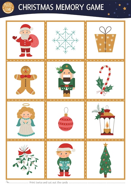 Christmas memory game cards with traditional holiday symbols Matching activity with funny characters Remember and find correct card Simple winter printable worksheet for kids xA