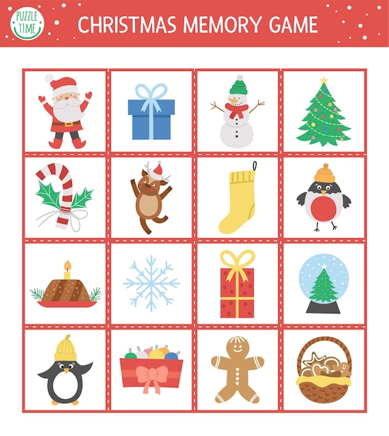 Christmas memory game cards with traditional holiday symbols. Matching activity with funny characters. Remember and find correct card. Simple winter printable worksheet for kids.