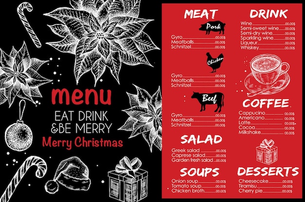 Christmas menu. Design template. Vector hand drawn illustration.