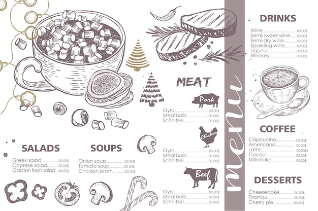 Christmas menu. Design template. Vector hand drawn illustration.