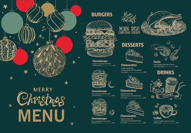 Christmas menu, template, Hand drawn illustration.