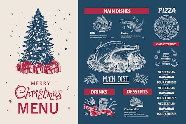 Christmas menu, template, Hand drawn illustration.