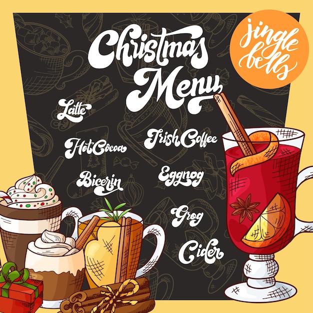 Christmas menu with hand drawn hot drinks. Sketch decoration for your design. Brush modern calligraphy. Vector illustration.