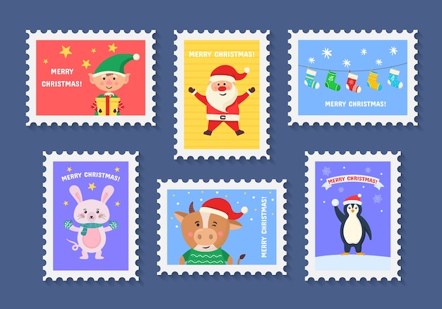 Christmas merry cute stamp with holiday symbols and decoration elements. Collection of postal stamps with Christmas decoration symbols.