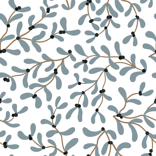 Christmas mistletoe seamless pattern Trendy vector hand drawn floral illustration of branches