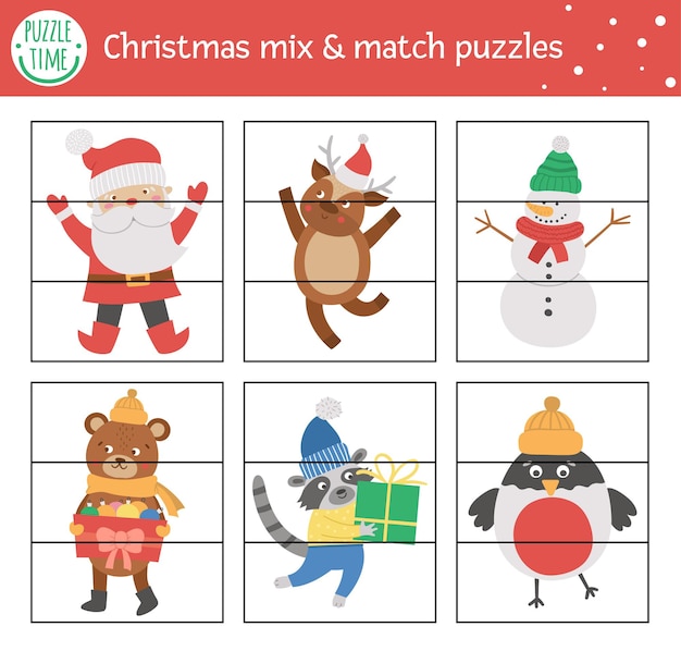 Christmas mix and match puzzle with traditional holiday characters. Winter cut out matching activity for preschool children. Educational New Year printable game for kids