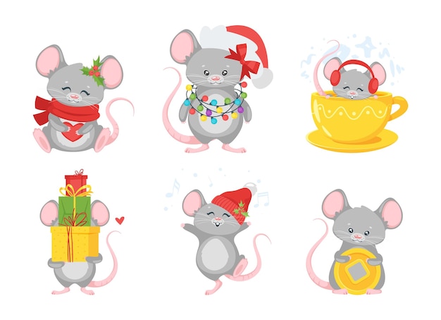 Christmas mouse flat illustrations set. Cute animals in winter clothes collection. Funny mices cartoon characters pack. New year mascot with present boxes isolated on white background.