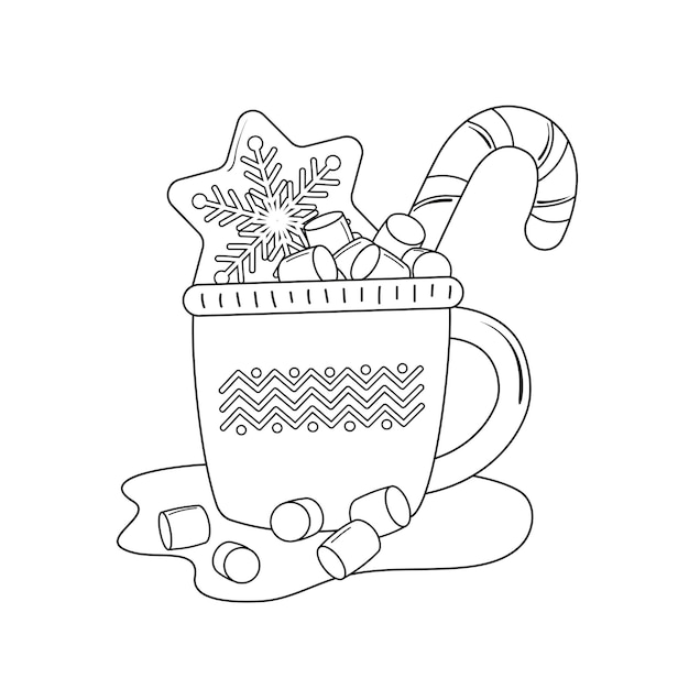 Christmas mug with gingerbread, marshmallow and candy cane.Coloring book.