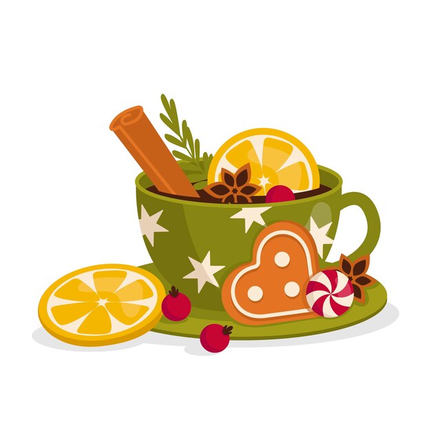 Vector christmas mug with hot drink cinnamon lemon anise spices gingerbread candy vector graphic