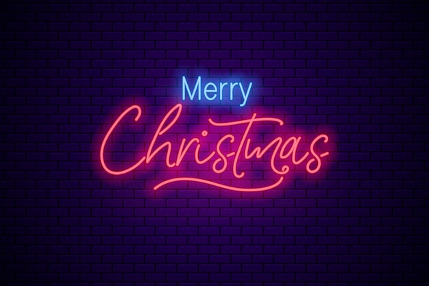 Christmas neon greeting sign on dark brick background. Editable stroke and blend.