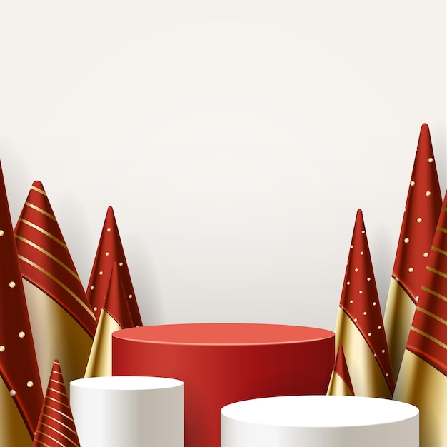 Vector christmas and new year 3d scene, podium for product display in white background.