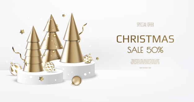 Christmas and New Year background. Conical Gold Christmas Trees. Winter holiday composition. Greeting card, banner, poster, header for website