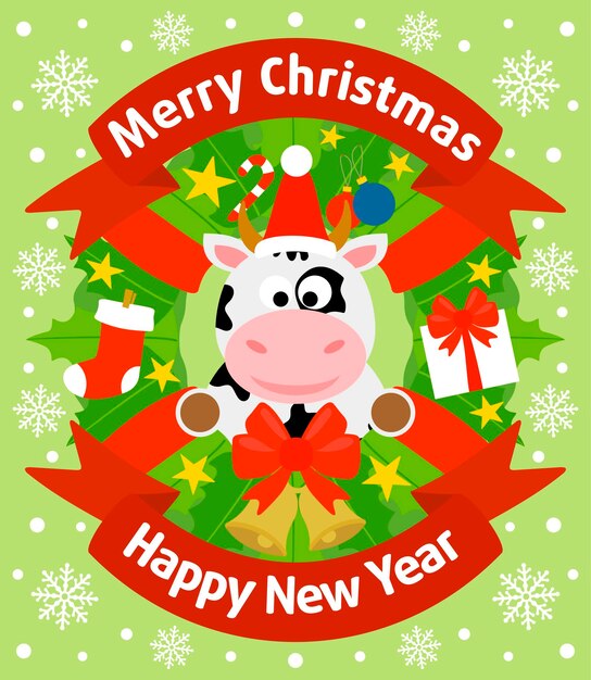 Vector christmas and new year background with cow