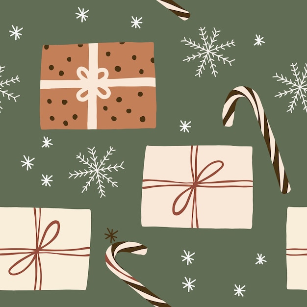 Christmas and New Year background with present box in wrapping paper traditional candy snowflakes