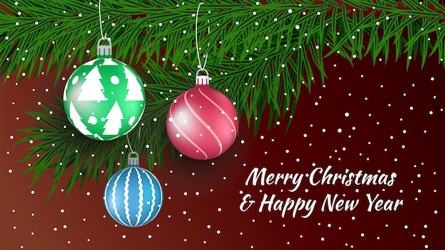 Christmas and New Year background with realistic Christmas tree and Christmas tree decorations. Vector illustration.