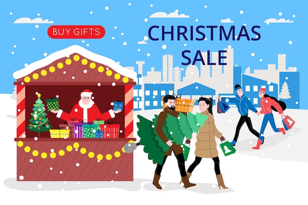 Christmas and New Year banner for landing page or online store website. Men and women buy gifts and a Christmas tree at the fair sale. Cute vector flat image.