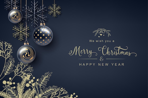 Christmas and New Year banner. Realistic hanging Christmas tree balls and decorations and hand painted decorative elements on a dark blue background