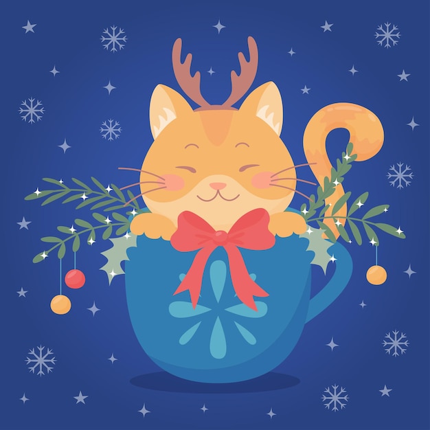 Christmas and new year card with cute red cat in a cup with spruce branches and christmas balls