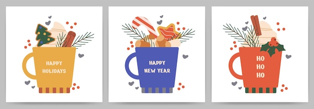 Christmas New Year cards with cups and elements  marshmallows tree branches cookies cinnamon