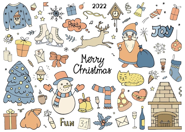 Christmas and New Year clipart collection Design elements in doodle style for prints and postcards