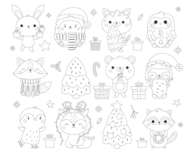 Christmas and New Year coloring page with cute animals gifts and sweets