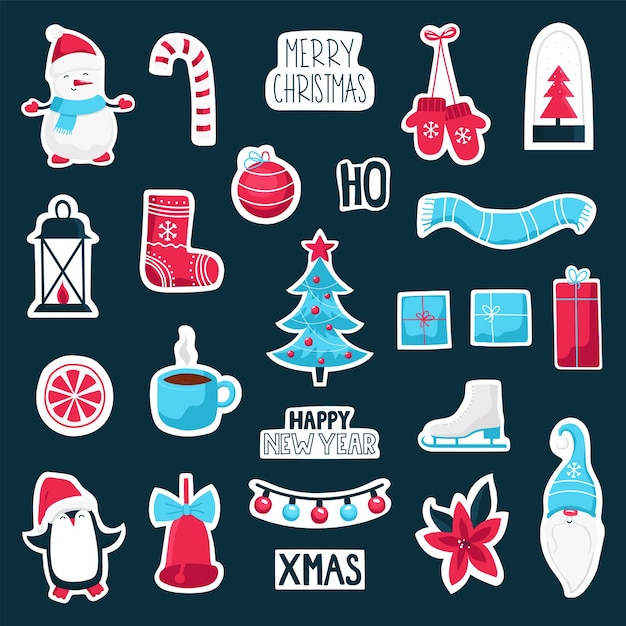 Christmas and New Year cute symbol sticker collection.