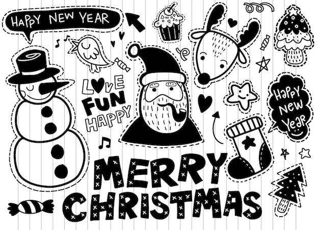 Christmas, New Year cute symbols sticker set: patches of Santa Claus