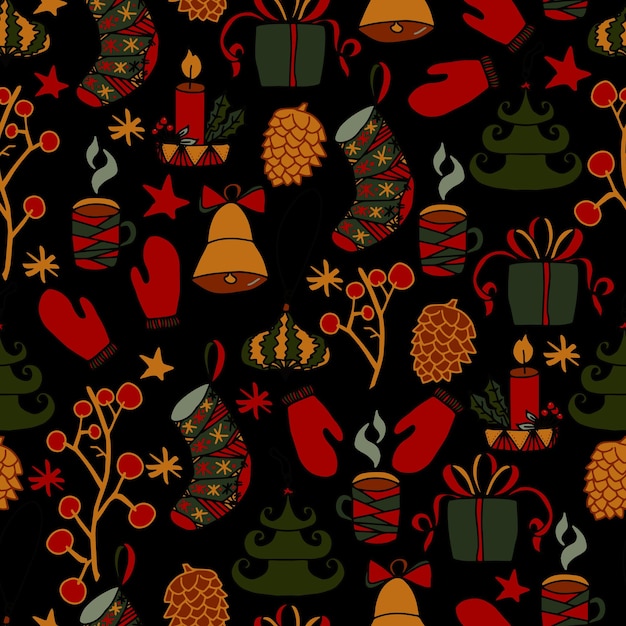 Christmas and New Year doodles vector seamless pattern Winter background for packaging congratulations and invitations