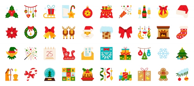 Christmas, new year flat icons set, xmas holiday symbol, winter time color sign.