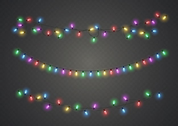 Christmas New Year garlands Led neon lamp Xmas glowing colorful light bulbs on wire strings Vector