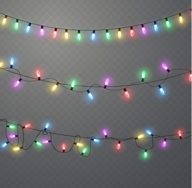 Christmas New Year garlands Led neon lamp Xmas glowing colorful light bulbs on wire strings Vector