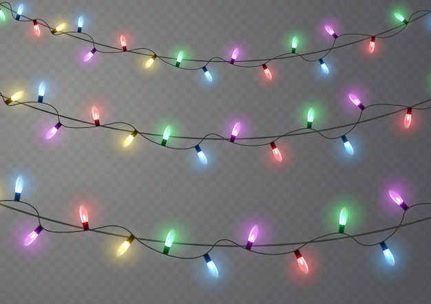 Christmas New Year garlands Led neon lamp Xmas glowing colorful light bulbs on wire strings Vector