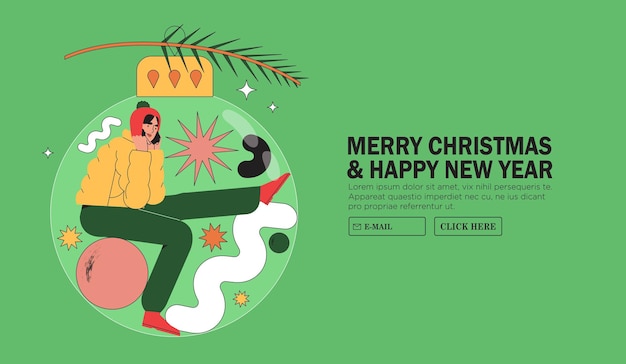 Christmas or new year greeting banner, web site or page, advertisement. Smiling happy woman sit inside big bauble hanged on christmas tree branch. Concept of winter holidays in isolation at home.