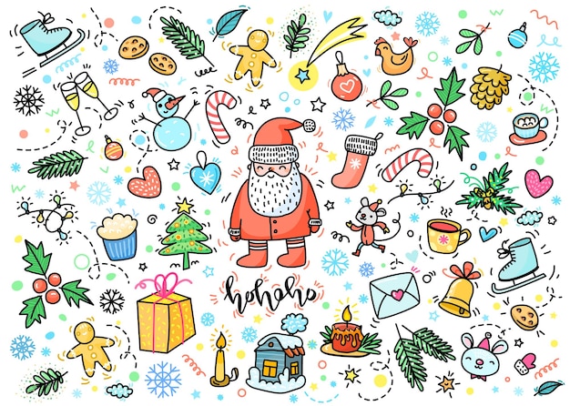 Christmas and New Year greeting card. Hand drawn Santa Claus with New Year decorations. Doodle vector illustration.