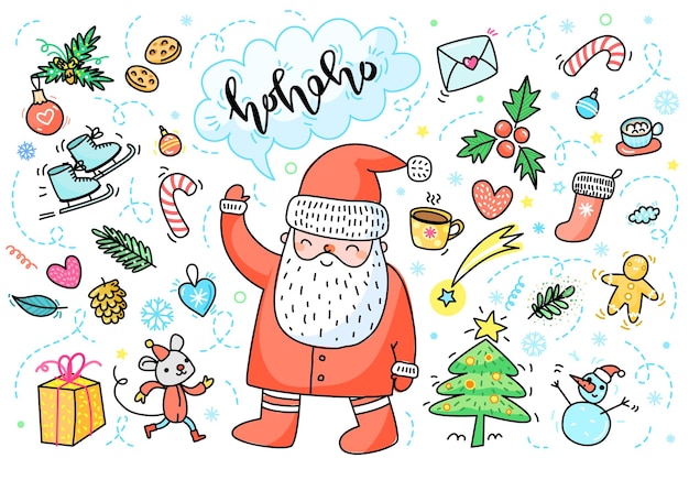 Christmas and New Year greeting card. Hand drawn Santa Claus with New Year decorations and Ho-ho-ho lettering. Doodle vector illustration.