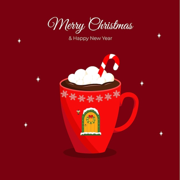 Christmas New Year greeting card invitation with mug of hot chocolate