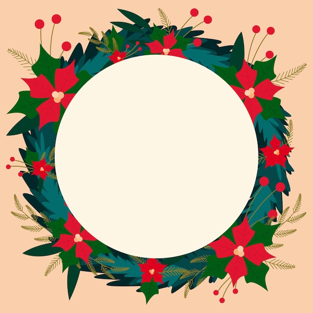 Christmas and new year greeting card with a wreath of flowers