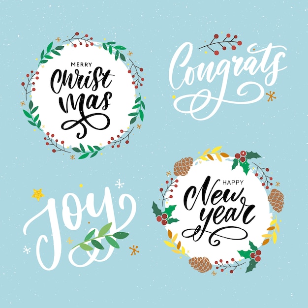 Christmas, new year greeting set. hand written slogan