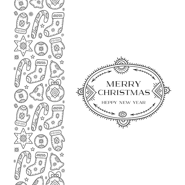 Christmas and New year greetings A set of decorative elementsa snowman a gift a bow a bell a Christmas tree a gift bag a signet and a candy Page of the coloring book