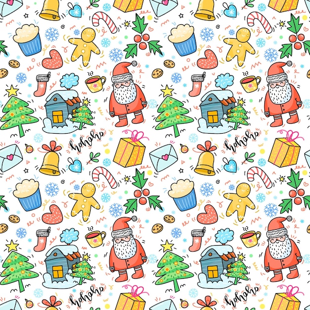 Christmas and New Year Hand drawn seamless pattern with christmas tree gift and santa claus