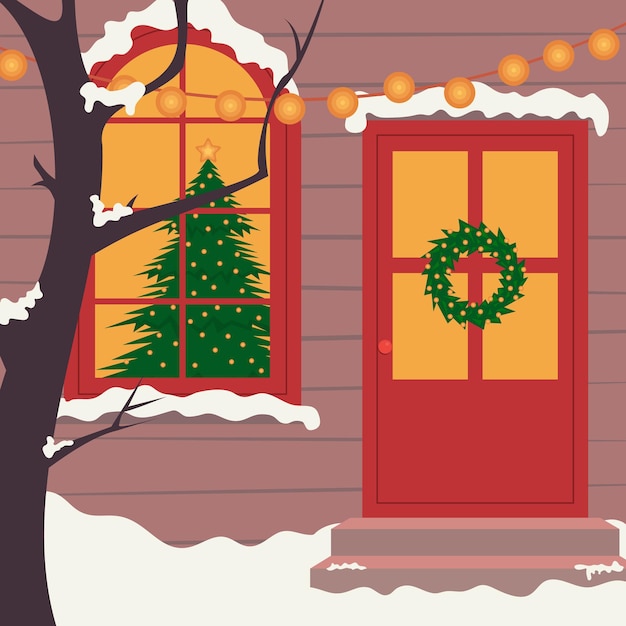 Christmas and New Year holidays. Winter background with house. Vector design.