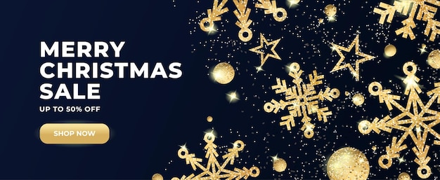 Christmas and New Year horizontal Sale banner with golden snowflakes with glitter effect