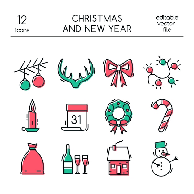 Christmas and New Year icons in line style