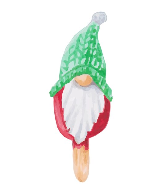 Christmas and New Year illustration Gnome festive ice cream or cake Sweets on a stick Watercolor and markers Isolated handmade art