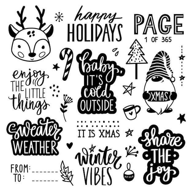 Christmas and new Year lettering quotes, phrases, wishes and stickers collection with deer baby, gnome, christmas tree.