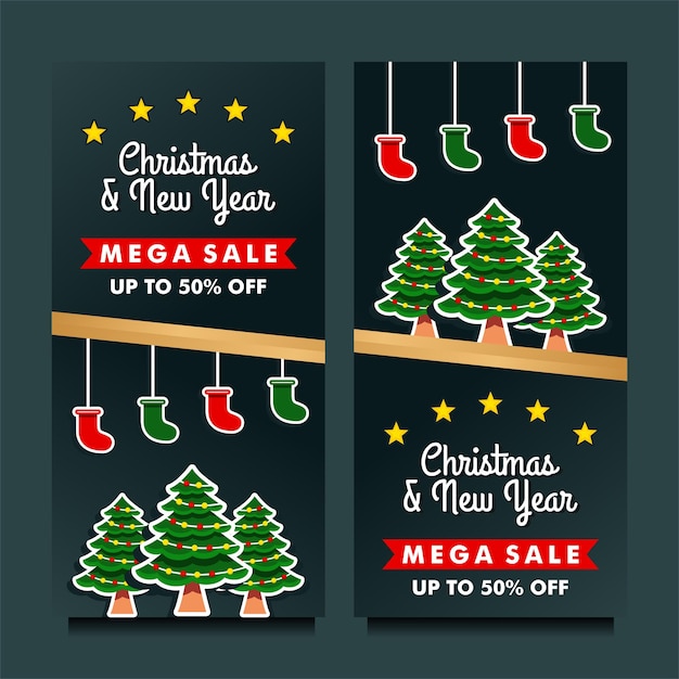 Christmas and new year mega sale banner with black background design template