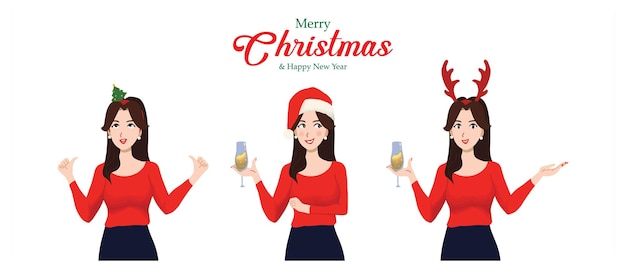 Christmas and New Year office party women illustration character banner