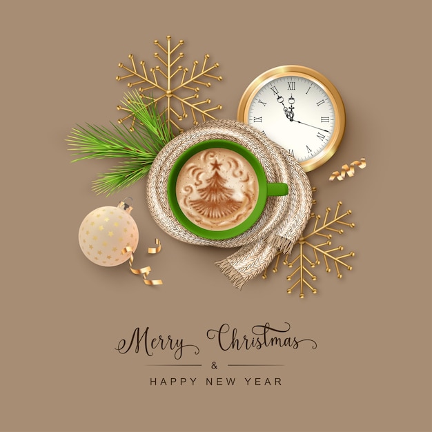 Christmas and New Year realistic banner with a cup of coffee, decorations and golden watch